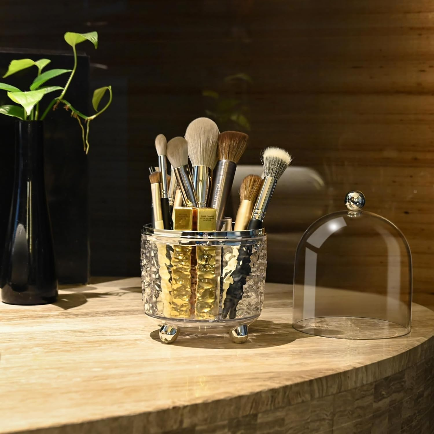 Makeup Brush Holder with Lid Cosmetic Tools Organizer 360 Rotating Make up Brushes Storage for Vanity, Waterproof & Dustproof (Clear) image number 3