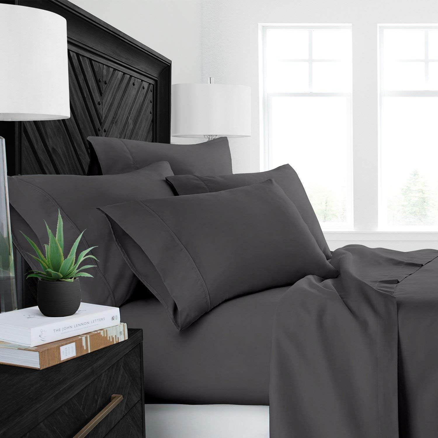 Noble Comfort Linen Hotel Luxurious Double Brushed Breathable Microfiber 4 Pcs Sheet Set Super Soft 16-17 Inch Deep Pocket 1800 Thread Count Wrinkle and Fade Resistant Bedding (Full Color Dark Grey)