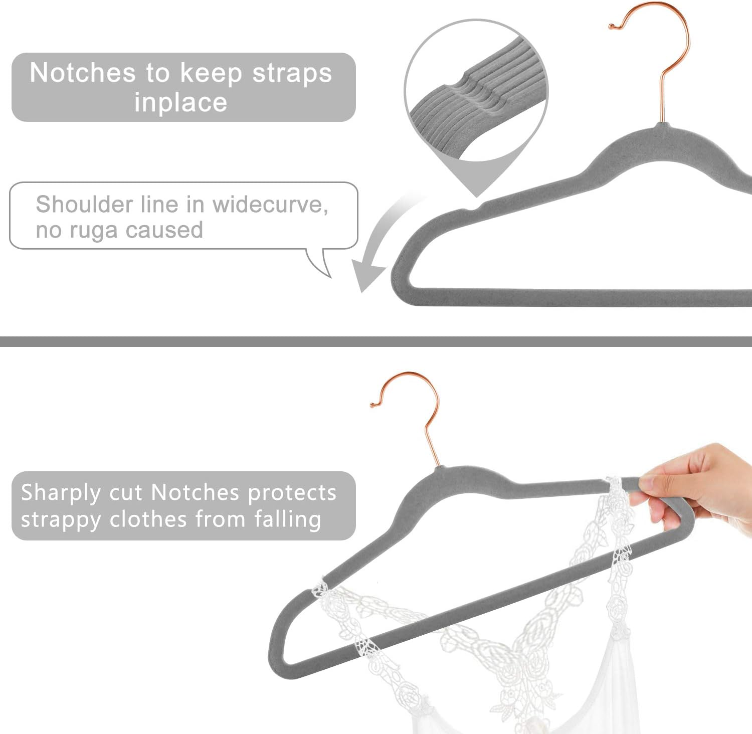 MIZGI Premium Kids Velvet Hangers (Pack of 50) 14" Wide with Copper Rose Gold Hooks,Space Saving,Nonslip Huggable Closet Hangers for Petite Junior Children'S Skirt Dress Pants,Clothes Hangers