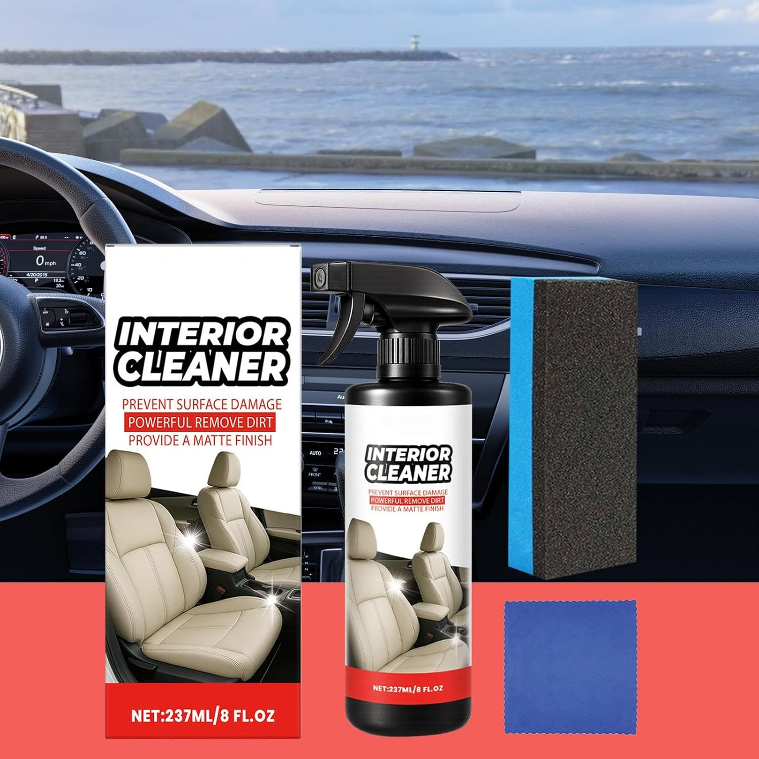 Xvilmaun Car Interior Cleaner,Car Seat Upholstery Stain Remover with Cloth and Sponge - 237Ml Automotive Cleaning Spray Agent for Leather Seat Trim Central Console Door Steering Wheel image number 1