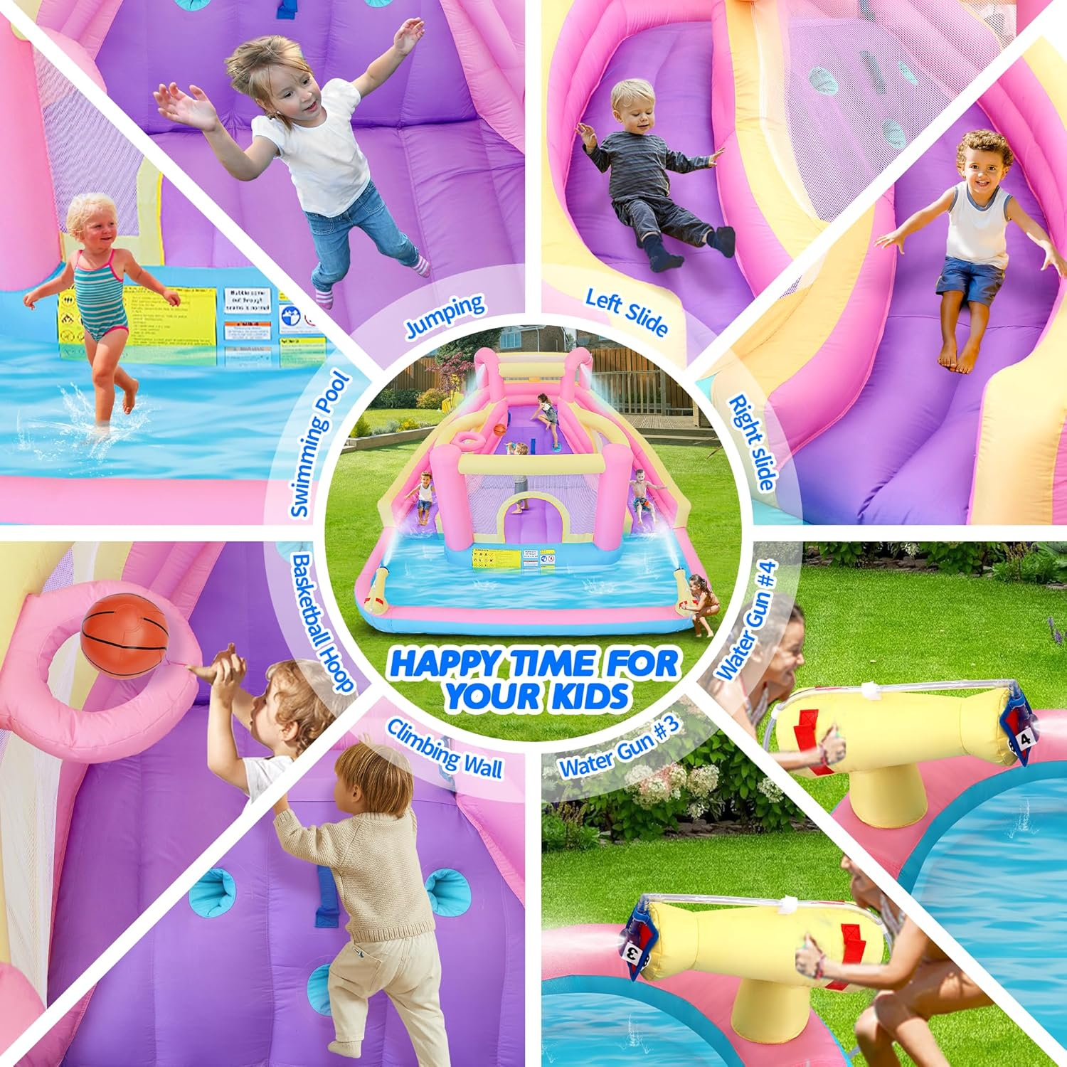 Inflatable Water Park with 2 Blow up Water Slides, 370 X 314 X 185 Cm Kids Water Park with Basketball Rim, Climbing Wall, Splash Pool, 2 Water Cannons and Blower image number 5