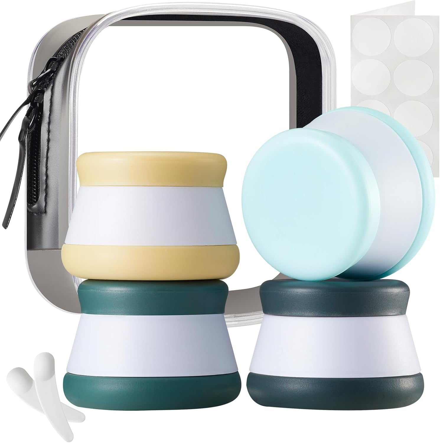 INSFIT Travel Containers for Toiletries, TSA Approved Silicone Cream Jars, Size Containers with Lids, 4PCS BPA Free Leakproof Accessories for Liquid Lotion with Labels & Mini Spatulas