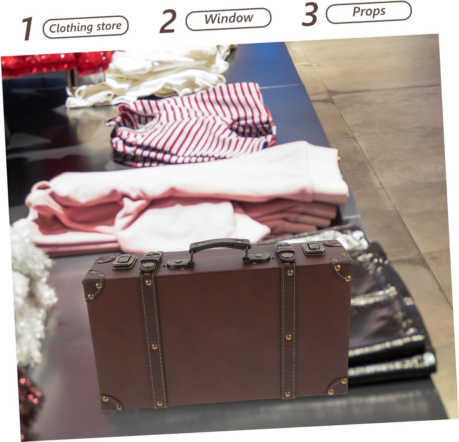 WOONEKY Leather Vintage Trunk Decorative Antique Suitcase with Generous Storage Space for Clothing Store Displays Photo Props and Retro Elegant British Design Small