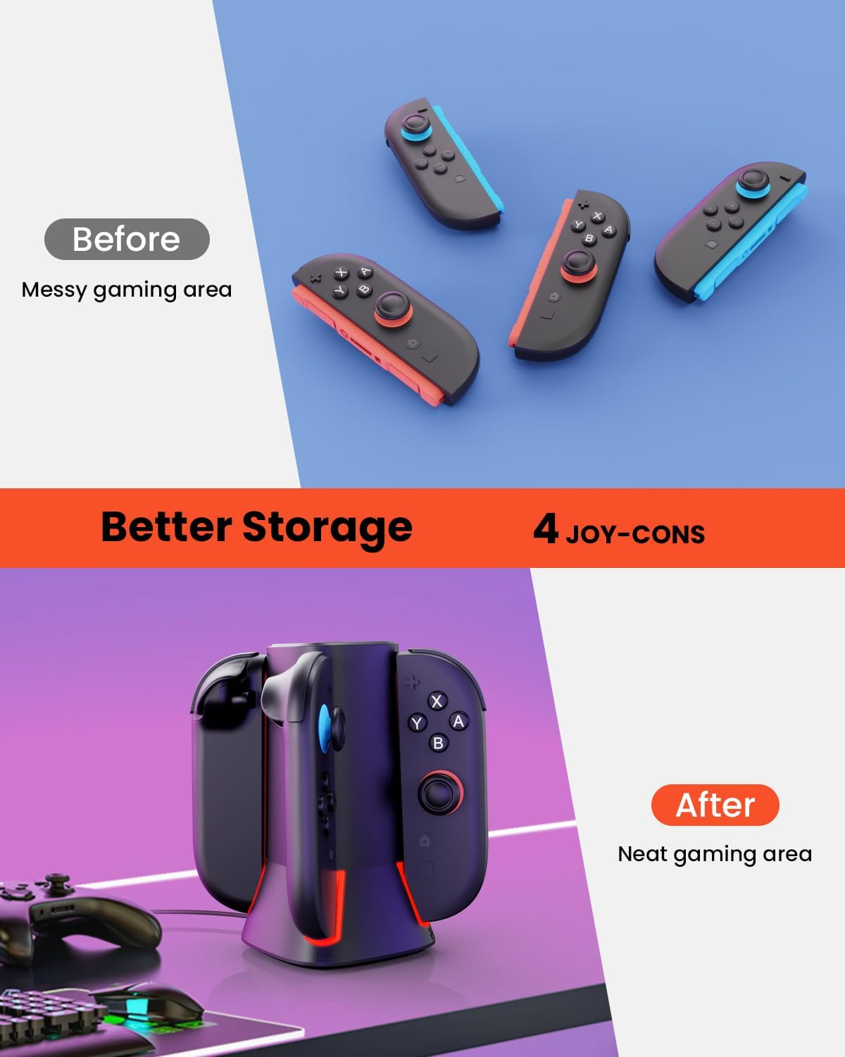 GEEKERA Charging Dock for Nintendo Switch 2 Joy Con, [4-In-1 Simultaneous Charging] [RGB Lights] Magnetic Controller Charger Station with Overcharge/Heat Protection, Include 3.3FT USB-C Cable image number 1