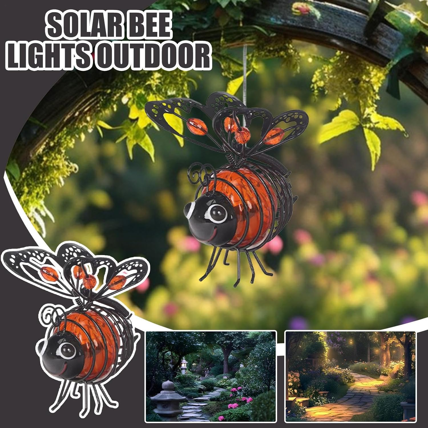 Hanging Solar Bee Lights Outdoor, Waterproof Hanging Bee Garden Lights, LED Garden Solars Light Ornaments for Patio Balcony Yard - Orange image number 3