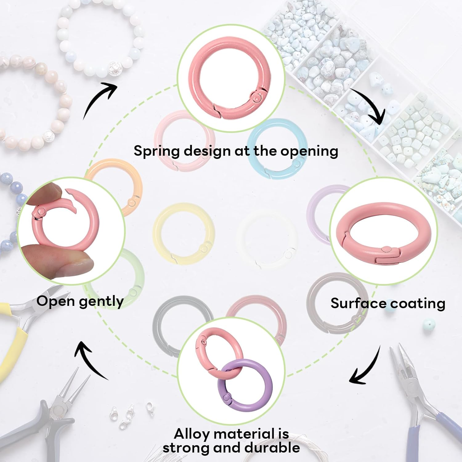 NEETUE 50 Pcs 1 Inch Metal Spring O Rings round Carabiner Ring Clip,Round Snap Clip for DIY Accessories Craft Making