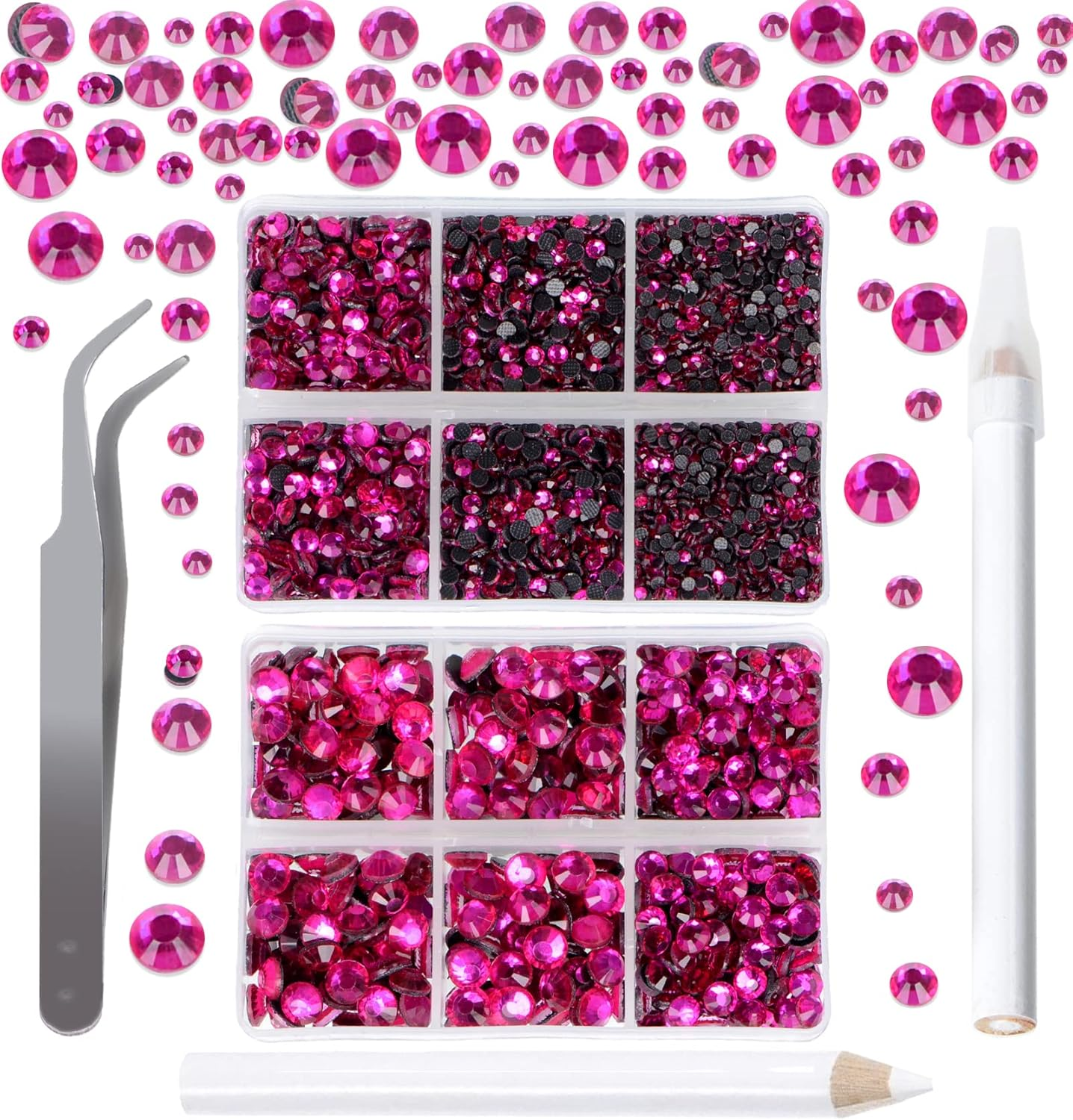 QOGIR 6300Pcs Fuchsia Hotfix Rhinestones for Crafts Clothes DIY with Tweezers and 2 Picking Pens Mixed Size Flatback Rhinestone image number 4