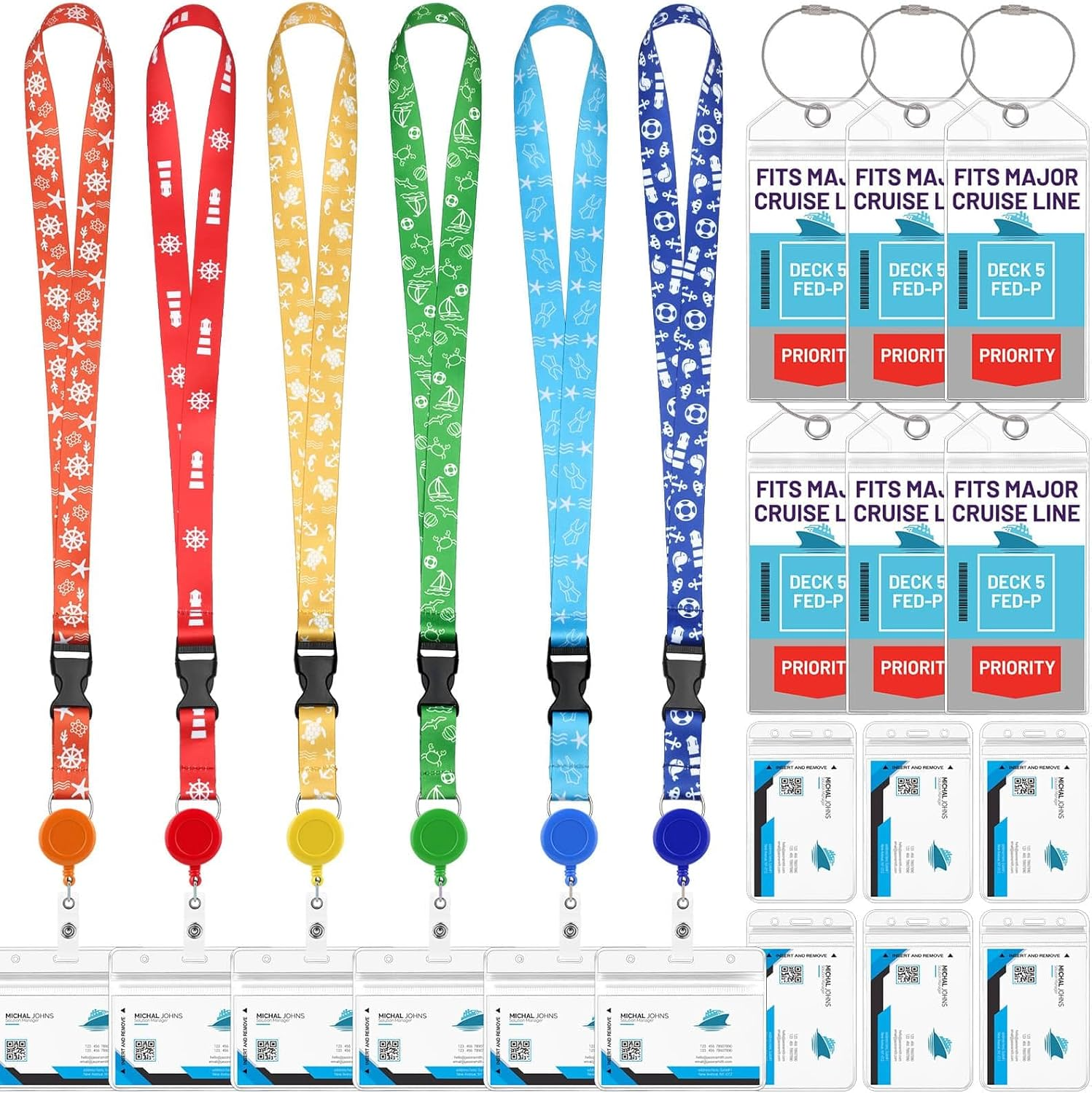 6 Pack Lanyards with Ship Card Holders, Retractable Badge Reels with Waterproof Luggage Tags ID Holders for Cruise Essentials Accessories Key Cards
