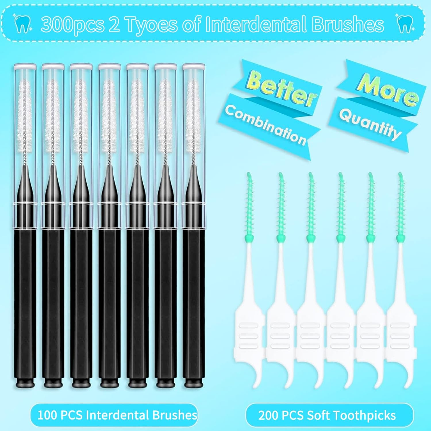 300PCS Interdental Brushes for Braces, Soft and Bendable Dental Brush for Orthodontic Braces, Braces Cleaner Brush Tooth Pick Teeth Flossers Brushes for Teeth (Black and Blue) image number 3