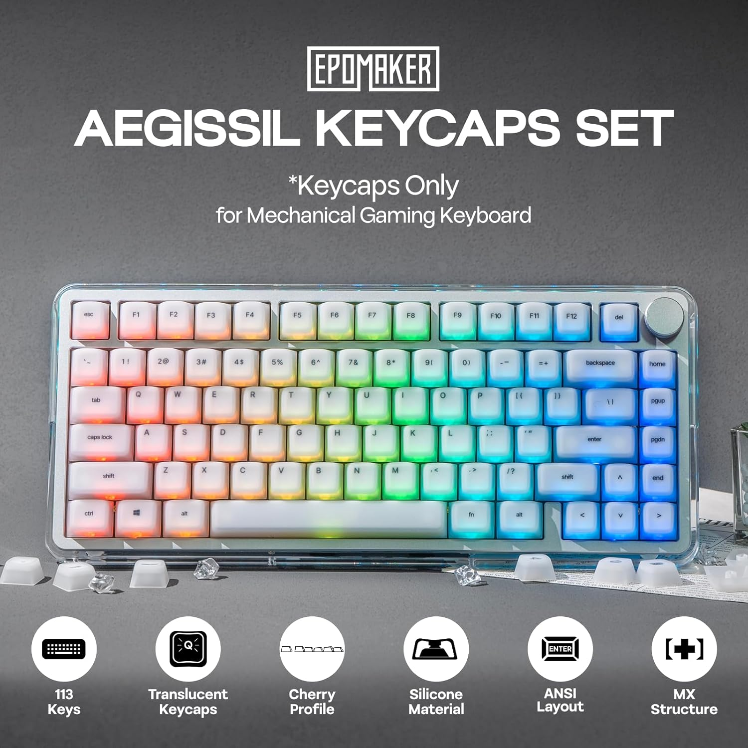EPOMAKER Aegissil Keycap Set, Silicone Material, Cherry Profile, 113 Keys, 65%/75%/96%/Full Size, Custom Keyboard Keycaps Set for Cherry MX, Kailh, Outemu, Gateron Mechanical Gaming Keyboard (White) image number 6