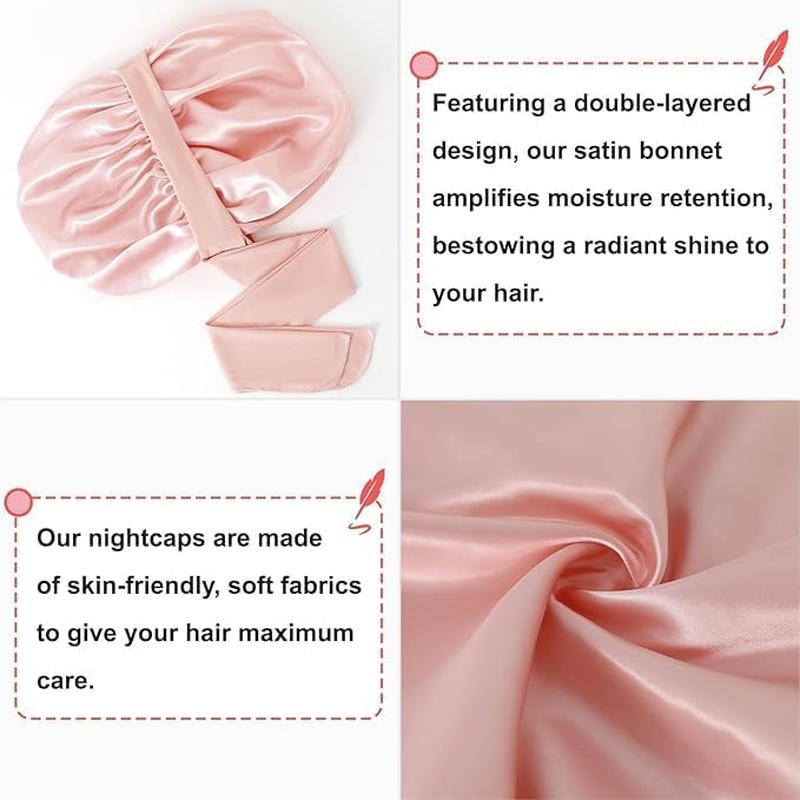 Large Silk Bonnet for Sleeping, Satin Hair Bonnet for Sleeping with Tie Band, Double Layer Satin Bonnets for Women Natural Curly Hair Shower Cap (Pink, L(16.5Inch)) image number 1