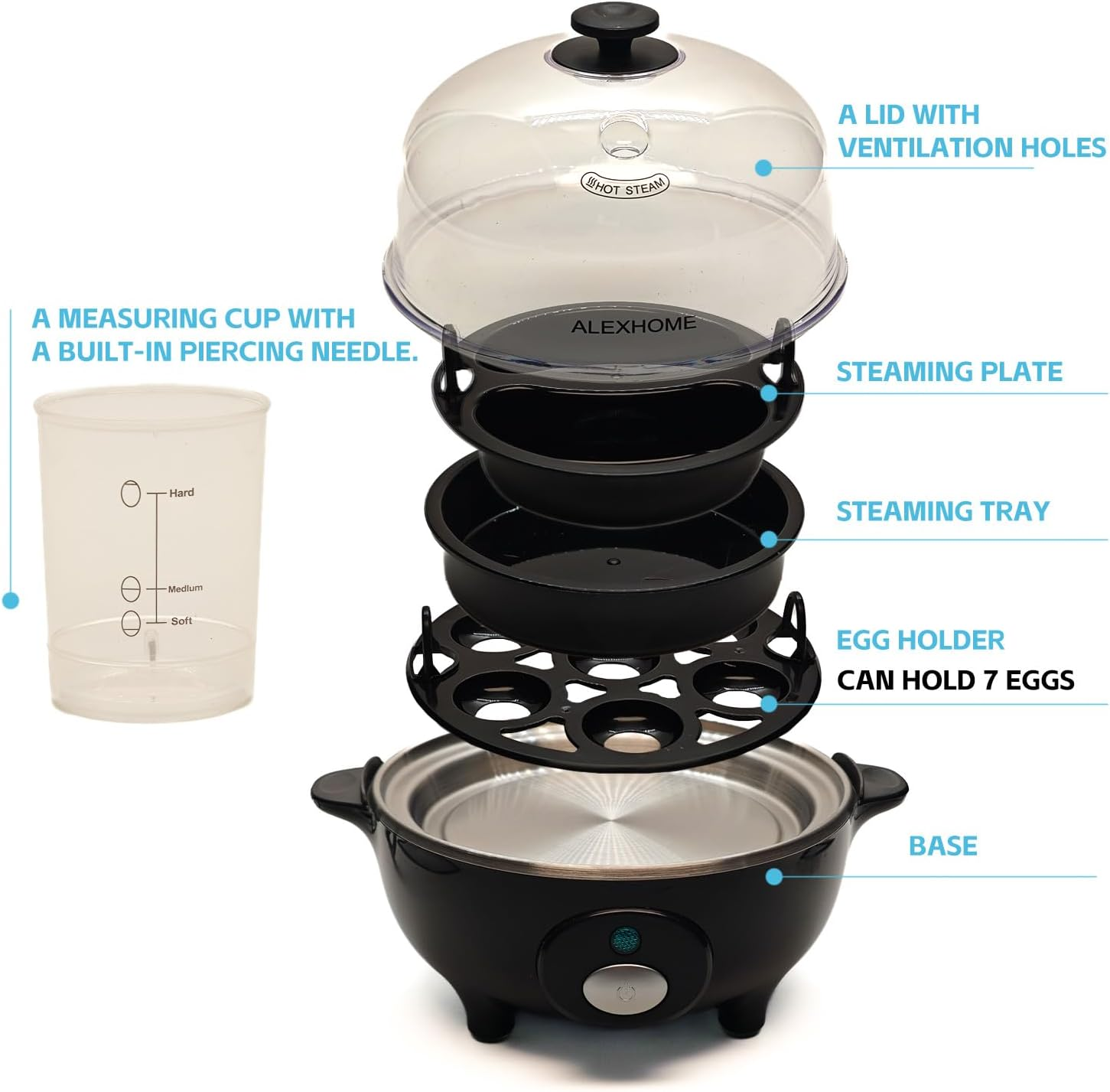 ALEX HOME Rapid Egg Cooker, 7 Capacity, Soft Medium Hard Boiled Eggs, Poacher & Omelet Maker, Auto Shut-Off & Buzzer, Easy Clean &ndash; Black image number 3