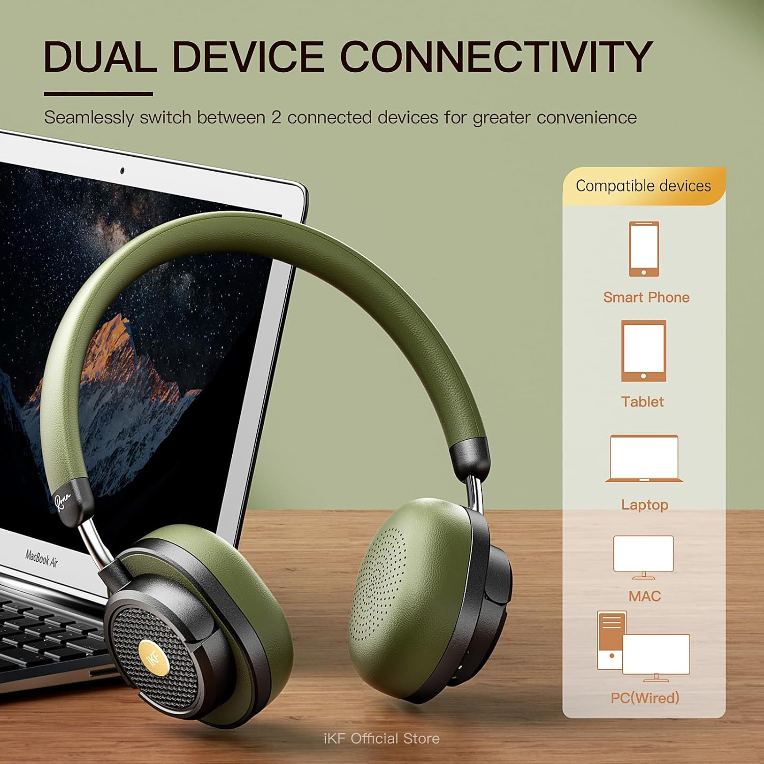 Ikf Rona Adaptive Retro Wireless Headphones, On-Ear Bluetooth Headphones with Hybrid Active Noise Cancelling, Hi-Res Audio, up to 75 Hours Playtime, HD Microphone, Transparency Mode for Travel (Green) - Black image number 4