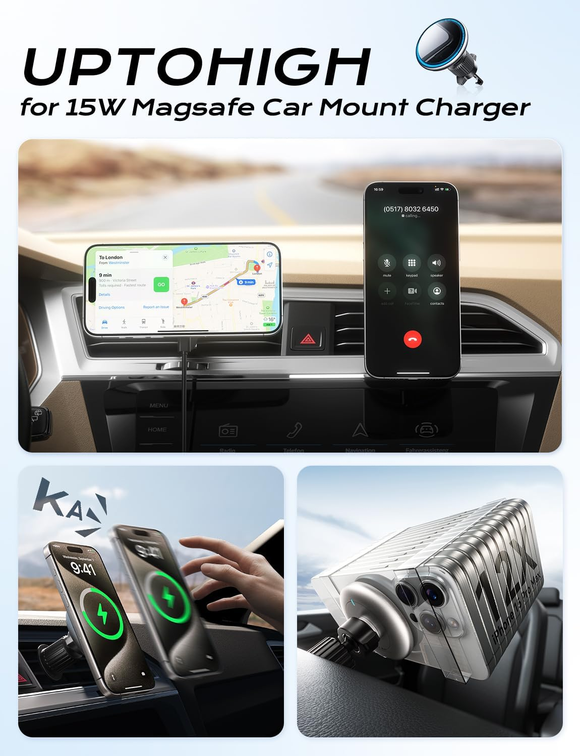 UPTOHIGH for Magsafe Car Mount Charger 15W Fast Charging Wireless Car Charger with Strong Magnetic Adjustable Air Vent Phone Holder Compatible with Iphone 14 13 12 Pro Max Mini plus LED Light(Black) image number 5