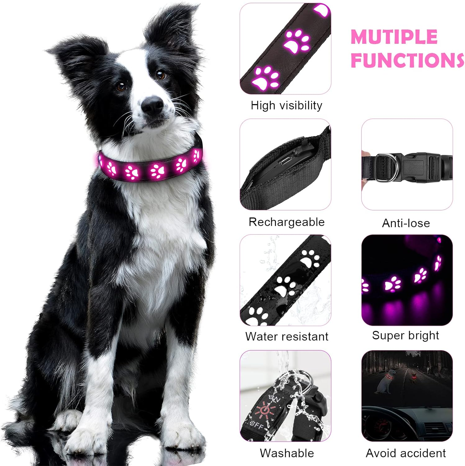 AUAUY Light up Dog Collar, LED Dog Collar Light USB Rechargeable, Waterproof Flashing PVC Leather Adjustable Glowing Super Bright Dog Light up Collar for the Dark Small Medium Large Dogs (Colorful-L) image number 3