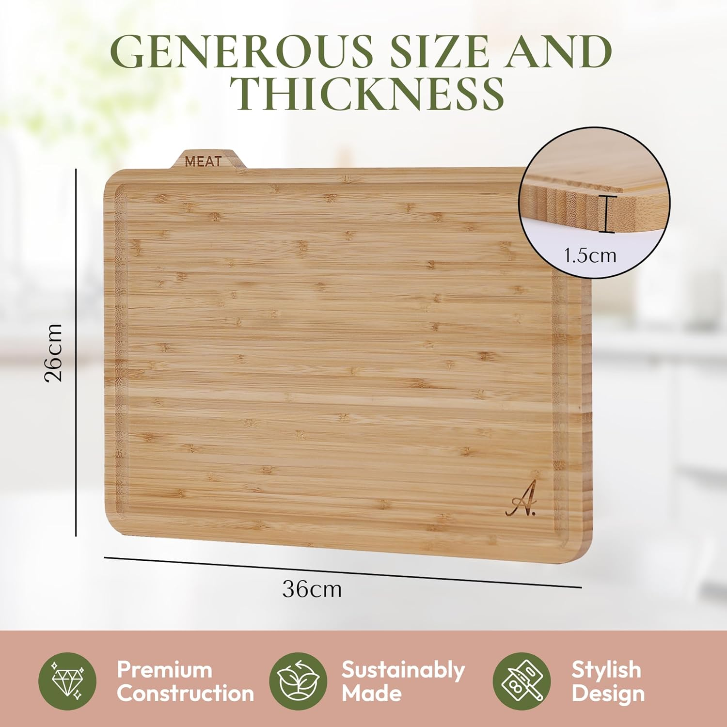 August Assembly Premium Bamboo Chopping Board Set &ndash; 4 Extra Large Cutting Boards with Juice Grooves, Stand & Thicker Boards | 36&times;26&times;1.5Cm image number 2