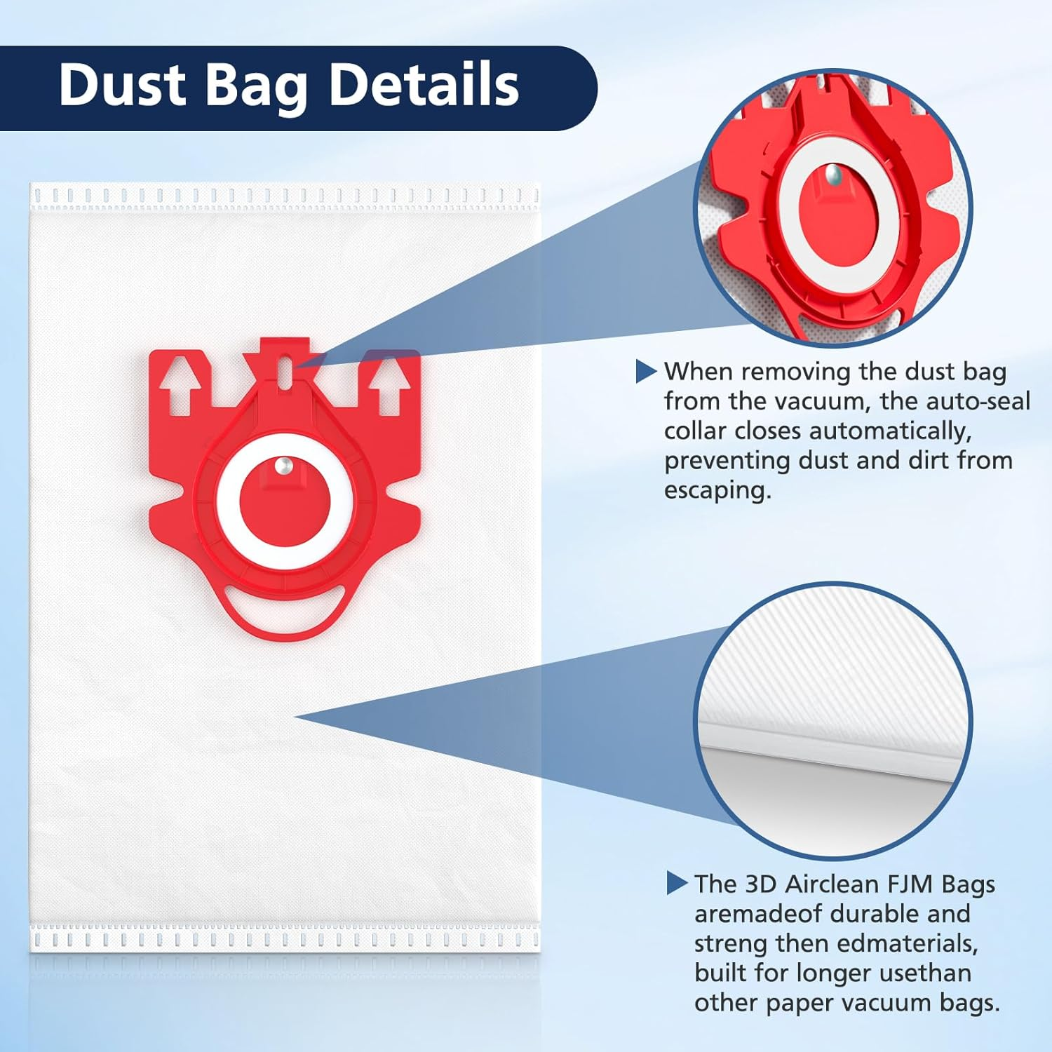 12 Pack 3D Airclean Dust Bags for Miele FJM Vacuum Compact C2 Compact C1 Complete C1 S241 S290 S300I S500 S700 S4 S6 Series Canister Vacuum Cleaner image number 2