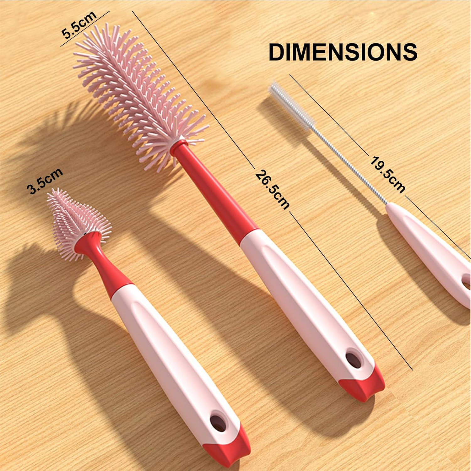Bottle Brush 3 Pack - Silicone Baby Bottle Cleaner Brush Staw Cleaning Kitchen Wire Scrub Set for Washing, 12" Long Handle Water Sports Bottle Cleaner Vase, Glassware (Red) - 3-One-Red image number 5