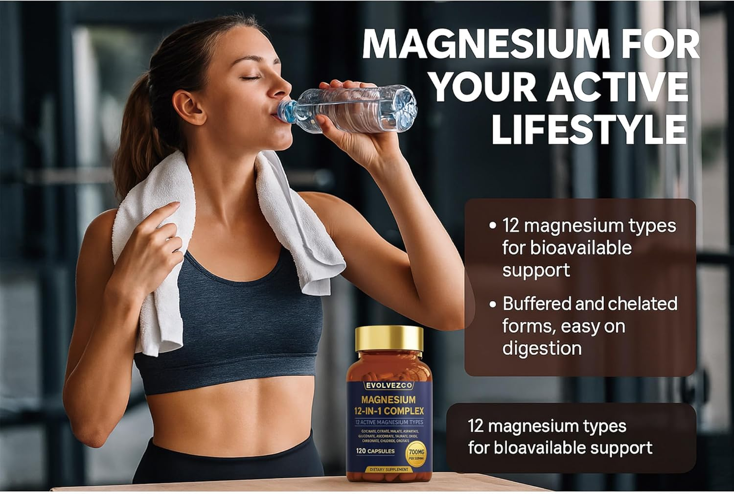 EVOLVEZCO Magnesium Glycinate 12-In-1 Complex &ndash; 700 Mg Total Magnesium Blend Providing 150 Mg Elemental Mg &ndash; 120 Vegan Capsules &ndash; High Absorption &ndash; Non-Gmo, Gluten-Free image number 3