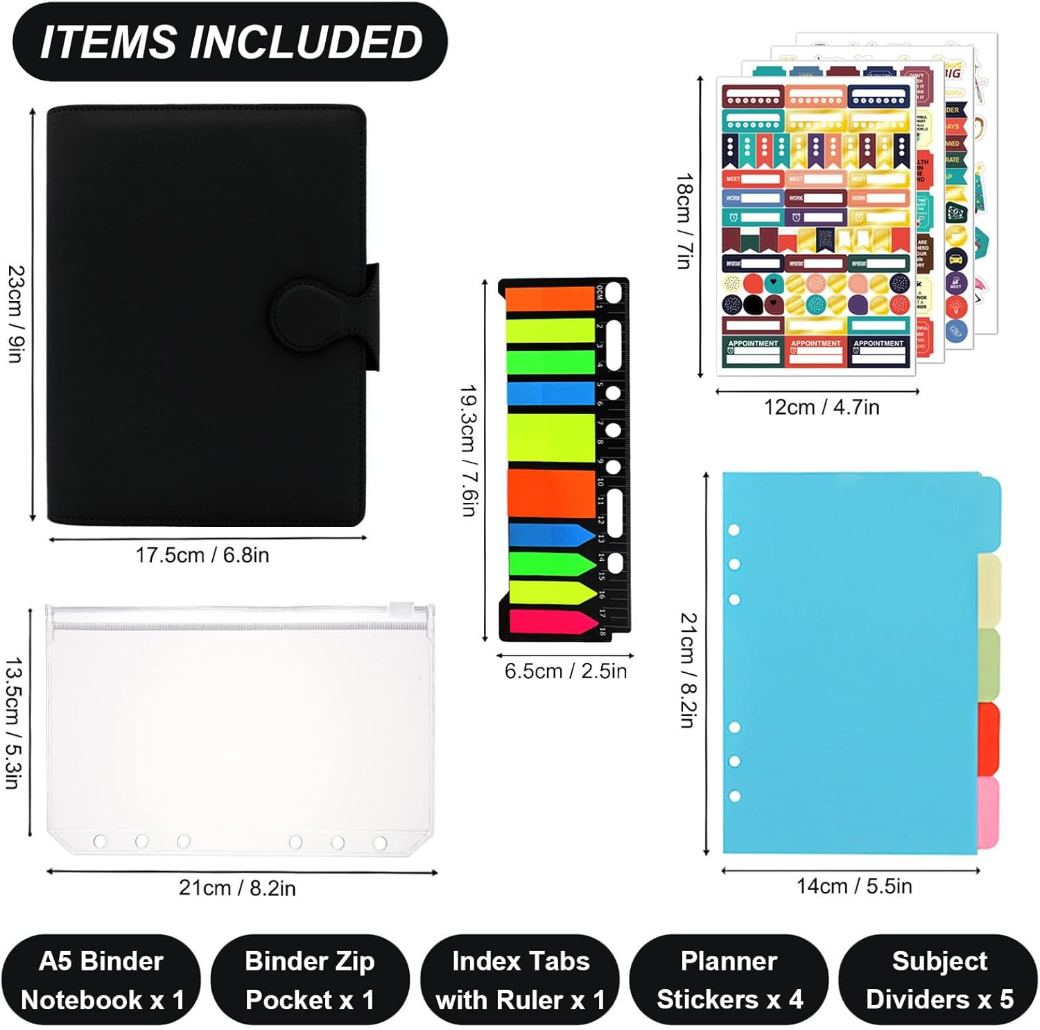 HXRTANGS PU Leather Notebook A5, 6-Ring Binder Journal Refillable Business Notebook, Personal Planner Organizer with Pockets/Pen Holder/Accessories/Lined Paper 160 Pages, Black - Black image number 2