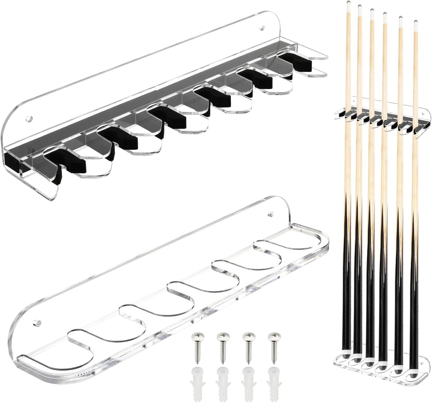 Cosmos Acrylic 2-Piece Billiard Cue Rack Wall Mount Billiard Stick Holder Wall Rack, Eva Foam Cue Clips Holds 6 Pool Cues, Billiard Pool Equipment Accessories (Transparent Clear) image number 5