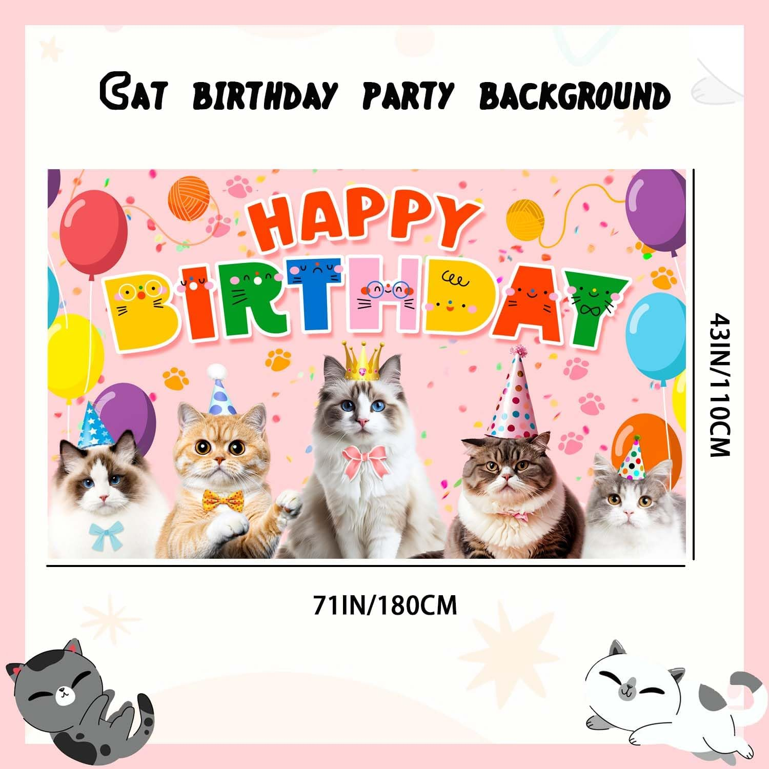 Cat Happy Birthday Background, 110 X 180 Cm Cat Backdrop Cat Party Background Decoration Cat Birthday Banner Background for Cat Theme Party Decoration image number 1