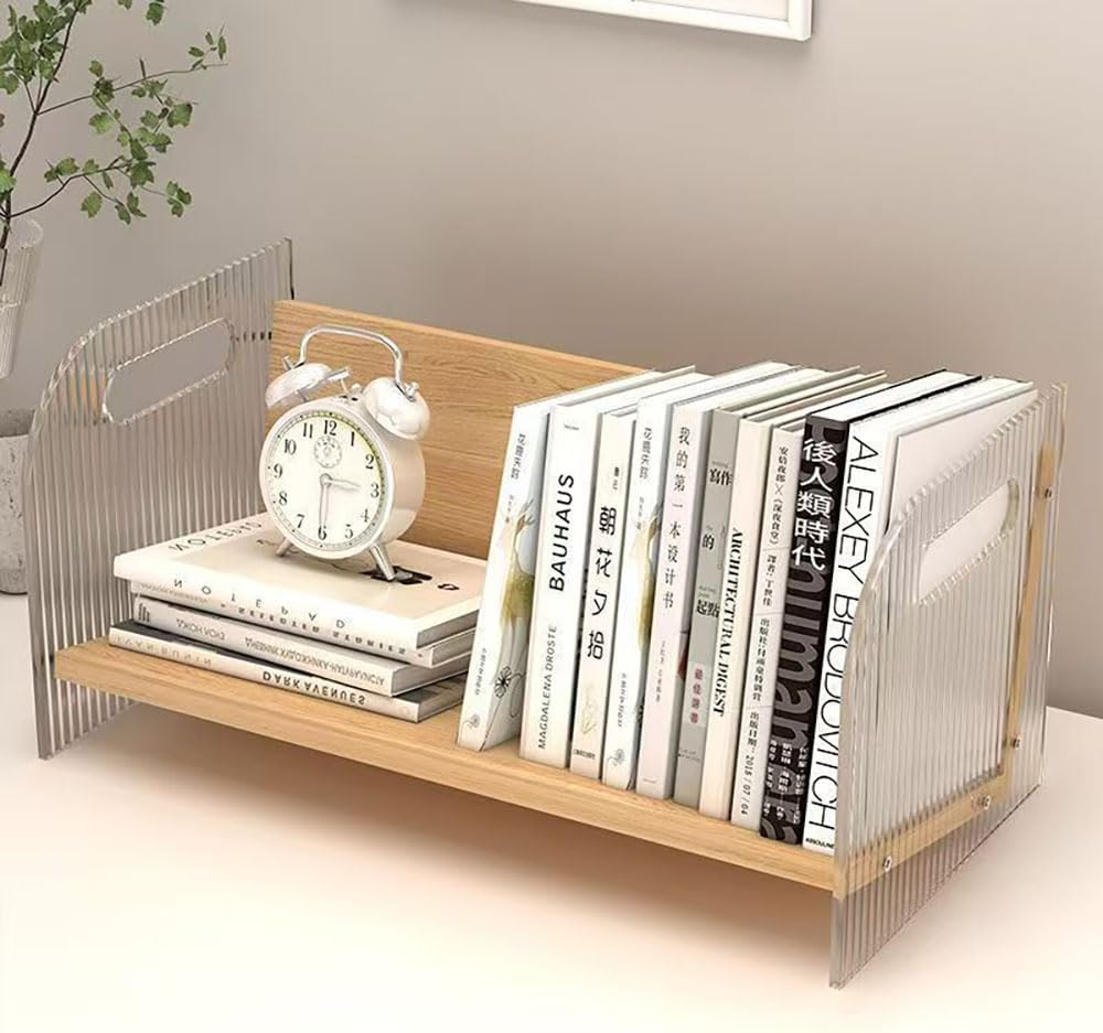 Hbluefat Acrylic Desktop Bookshelf Organizer, Small Wood Desk Bookcase, Multipurpose Tabletop Storage Shelf Rack for Home Office (Wood) - White image number 2