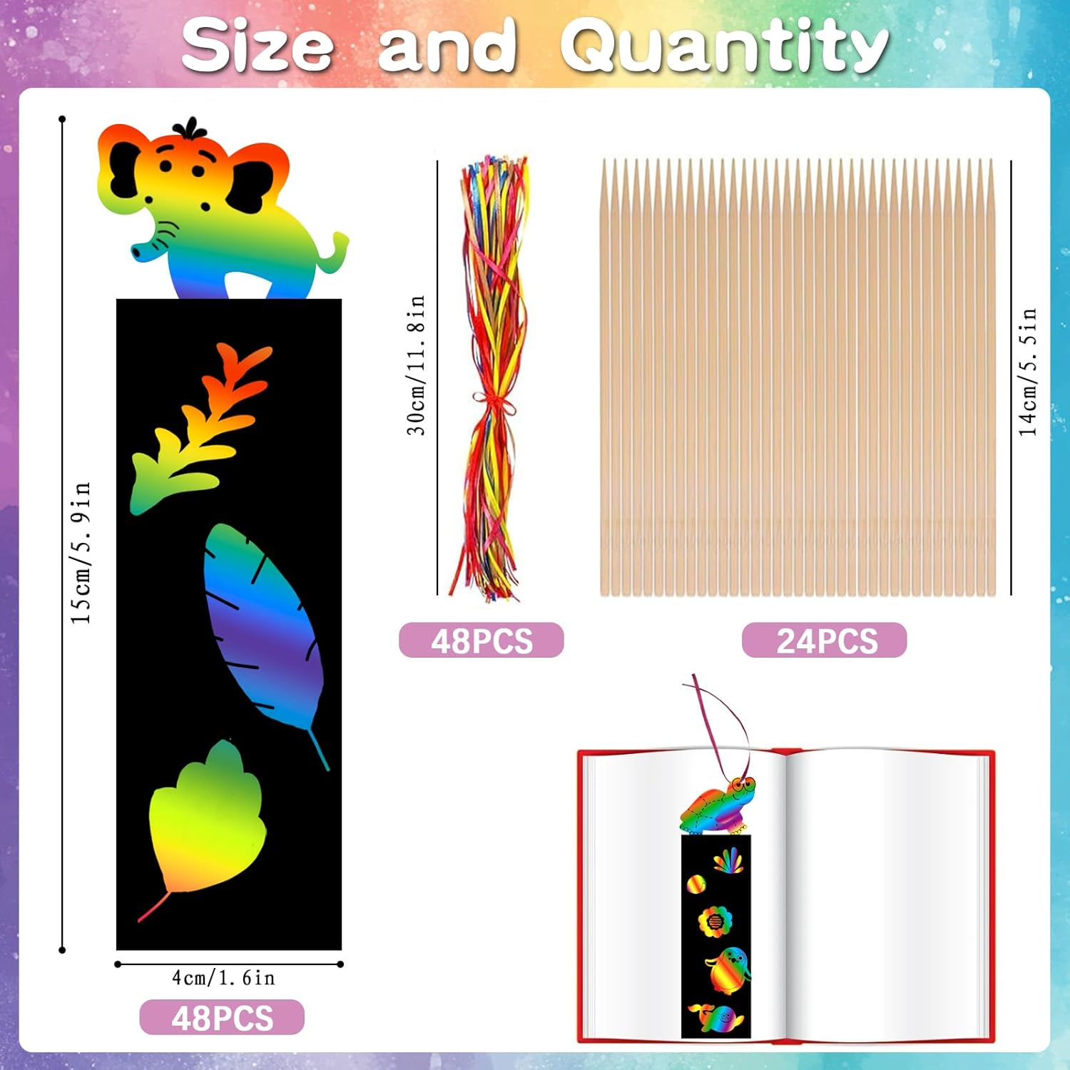 Viiotu 48 Pcs Scratch Art Bookmarks Party Favours Kids, Animal Bookmarks Set Party Bag Fillers with 48 Pcs Colorful Ribbons and 24 Pcs Wood Stylus, Scratch Art for Classroom Activities Party (Unicorn) image number 6