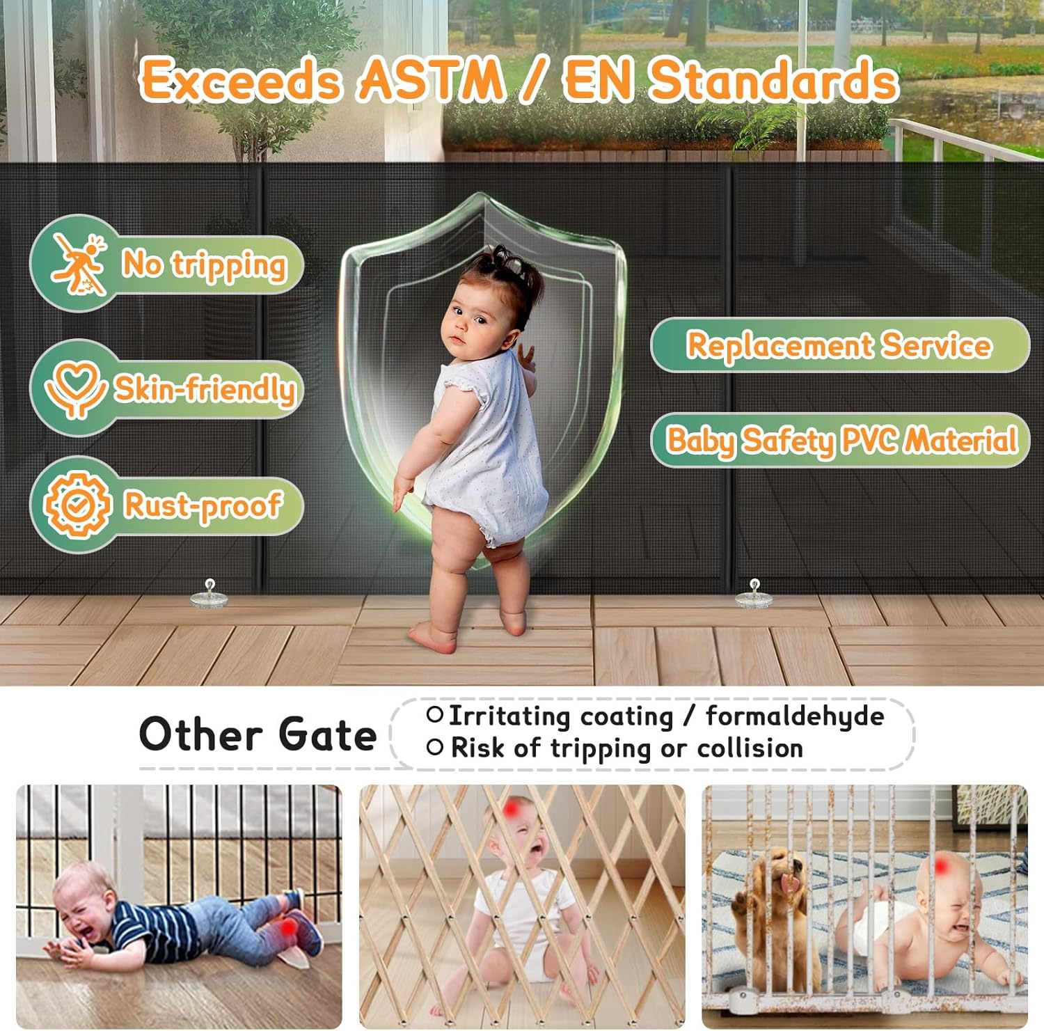 Retractable Baby Gates Extra Wide 150'' Tall 35'' Retractable Dog Gate for Doorways Safe Upgrade Retractable Baby Safety Gate for Stairs,Indoor/Outdoor Retractable Gate,Retractable Pet Gate for Dog - Black image number 6