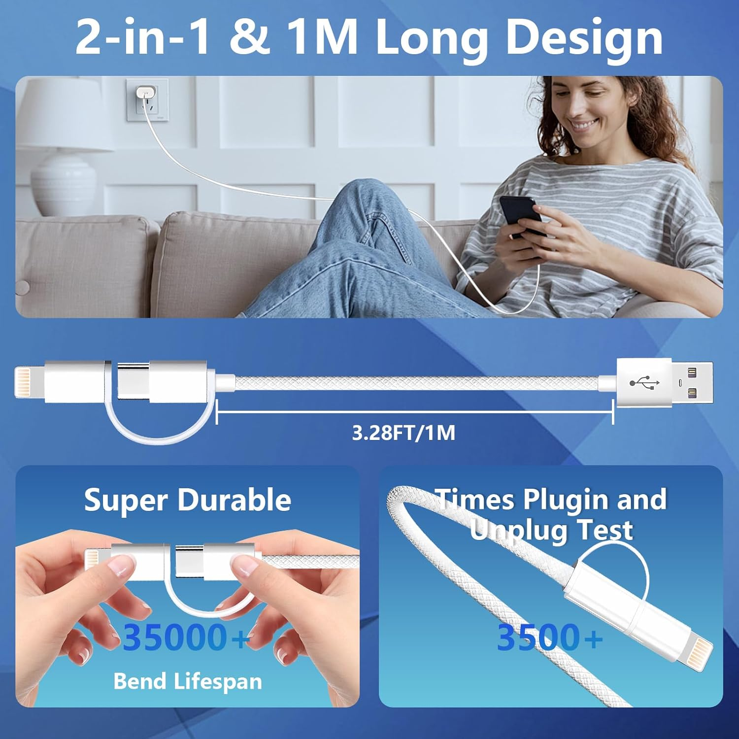 AMITOME 2 in 1 USB a to IP and USB C Car Cable 1M,60W Braided Fast Charging Cord Power Delivery for Iphone Charging Cord Compatible with Iphone 16 15 14 13 12 11 Pro Max Mini XS XR image number 6