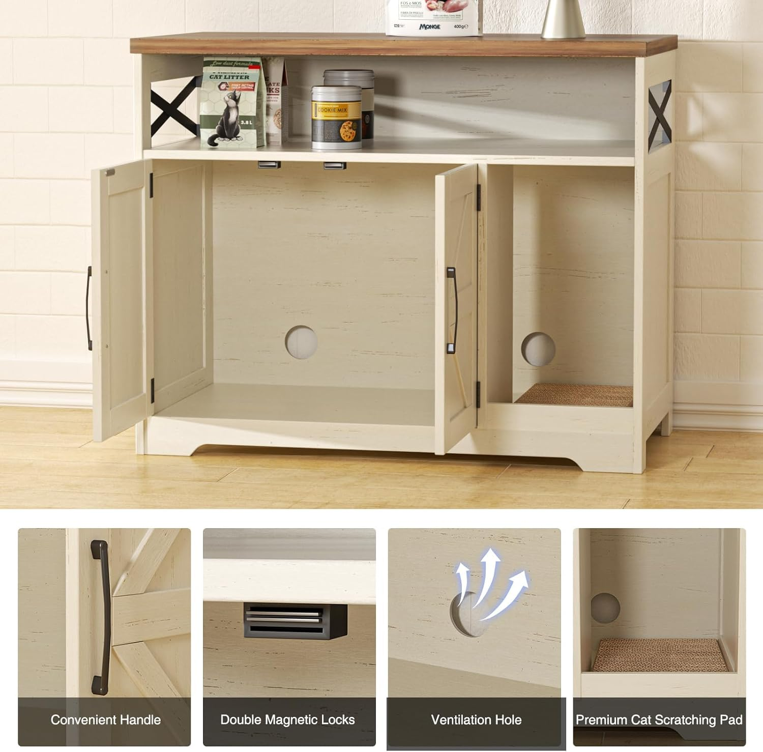 Cat Litter Box Enclosure, Hidden Litter Box Furniture with Scratch Pad, Farmhouse Indoor Cat House Washroom End Table, White image number 1