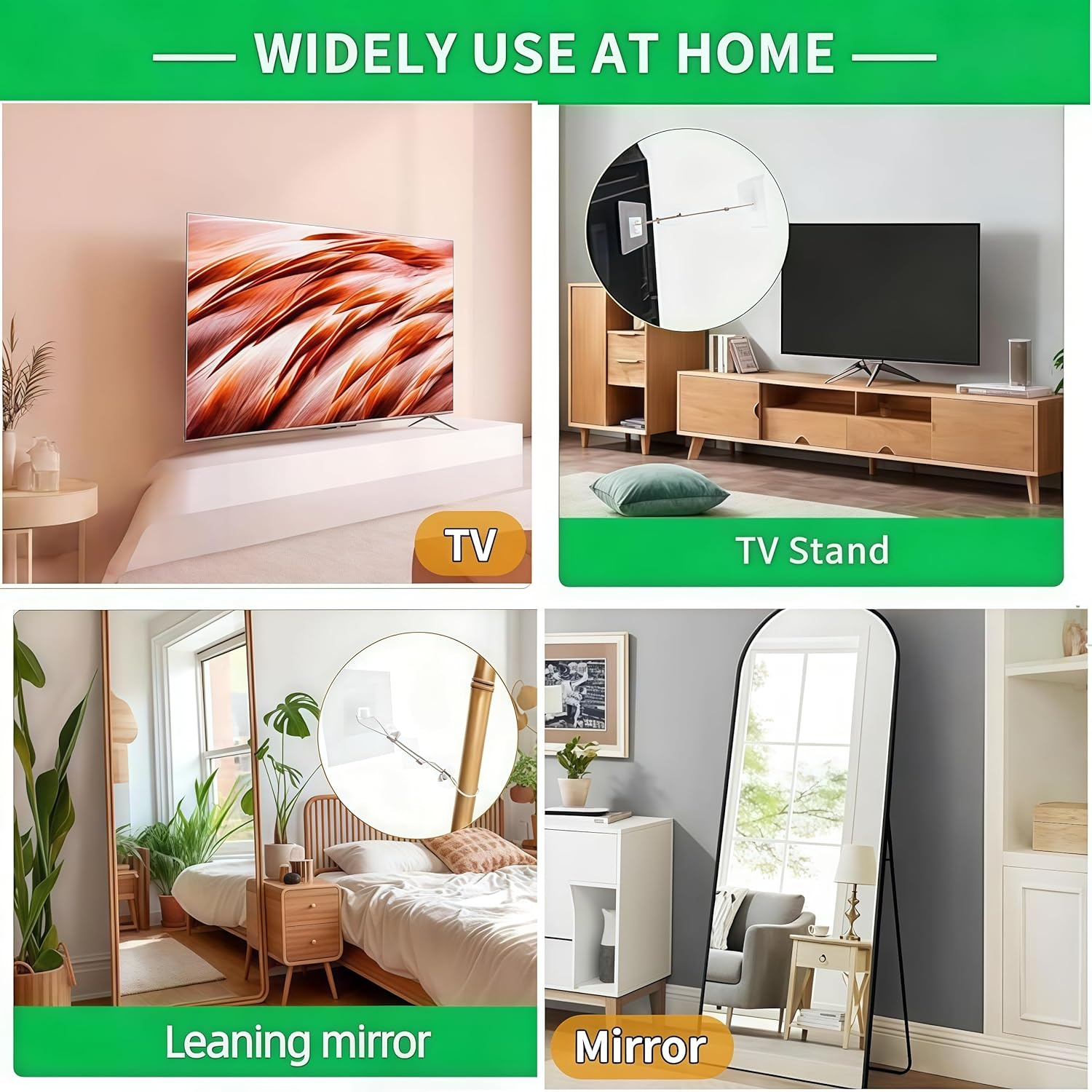 Adjustable Safety Straps (2 Pcs Steel Wire Rope+8Pcs Adhesive Pad),No-Drill Adhesive Anti-Tip Furniture Anchors Kit for Secure Flat Screens Fix to Wall,Cabinet,Dresser,Stand or Desk image number 1