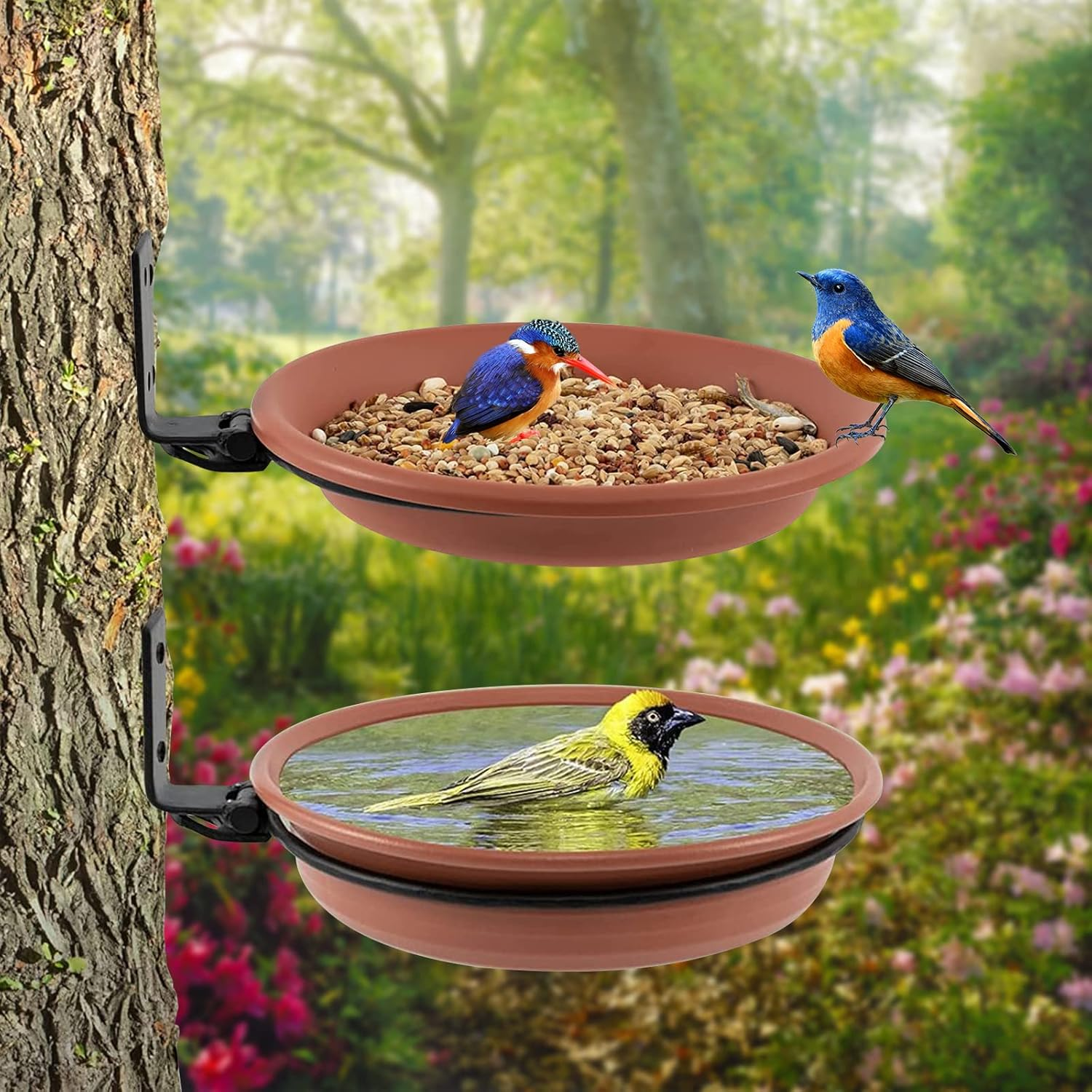 2 Packs Wall Mounted Bird Feeder, Multifunctional PP Garden Bird Bath Tray with Iron Brackets, Space Saving Foldable Bird Feeding Tray for Sparrows image number 5