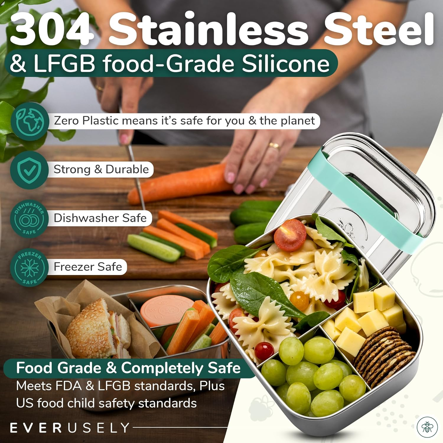 Everusely Small Stainless Steel Bento Box for Kids, 3 Compartment Metal Lunch Box with Bonus Leakproof Dip Container, Stainless Steel Lunch Containers, Eco Tiffin Lunch Box - Light Purple image number 2