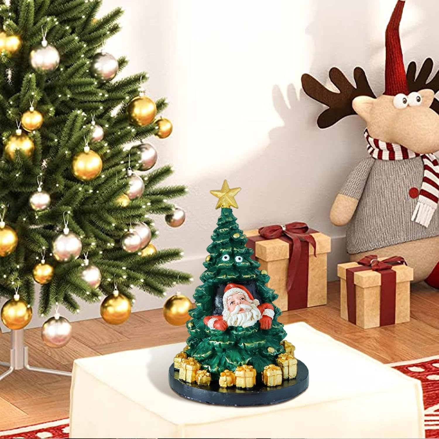 Desktop Christmas Tree - Desk Christmas Tree Santa Decor - Miniature Christmas Resin Decorations, Small Christmas Tree and Santa Ornament for Tabletop image number 5