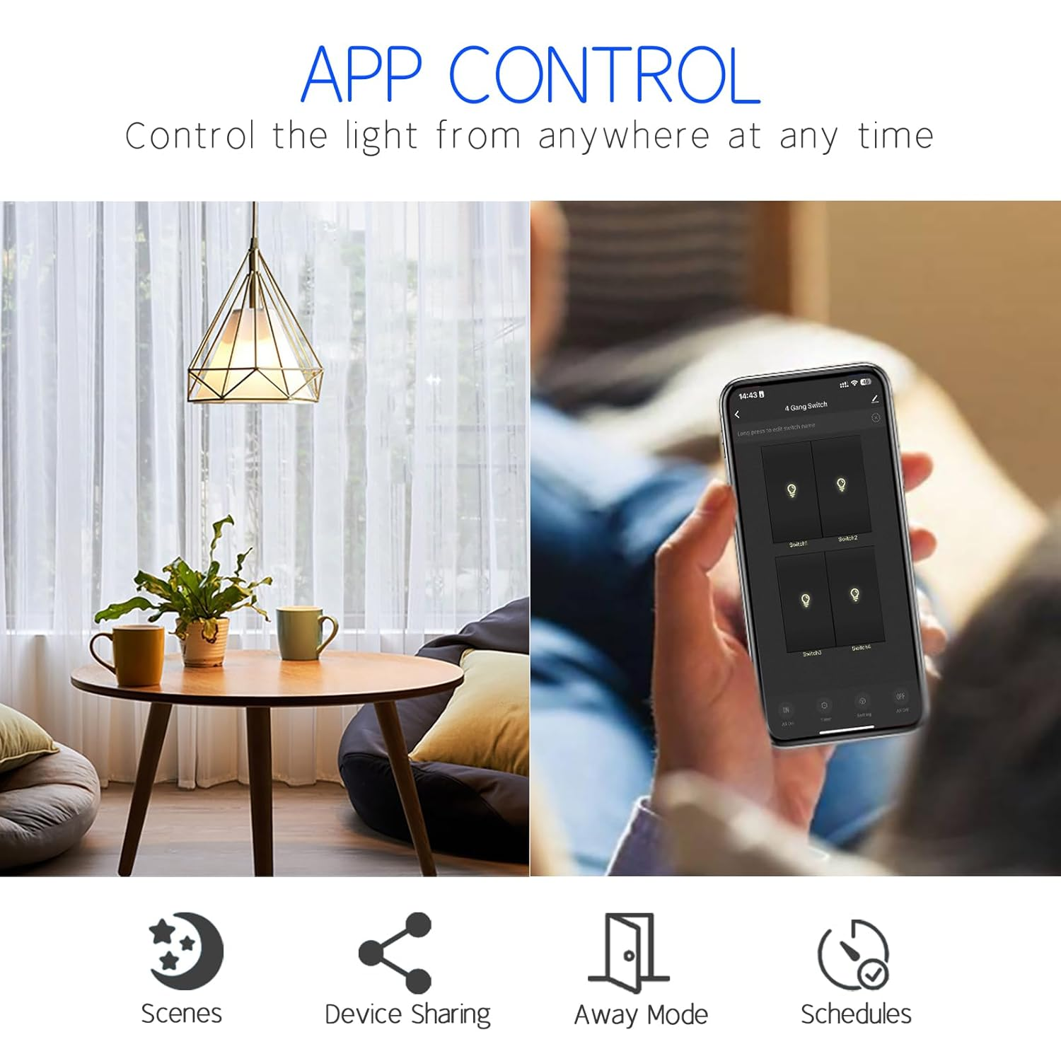 CNBINGO Smart Touch Light Switch Works with Alexa, Google Assistant - WLAN Switch Flush-Mounted - with Glass Panel - Wall Switch Quadruple in White - Neutral Conductor Required - 600 W/Compartment image number 5