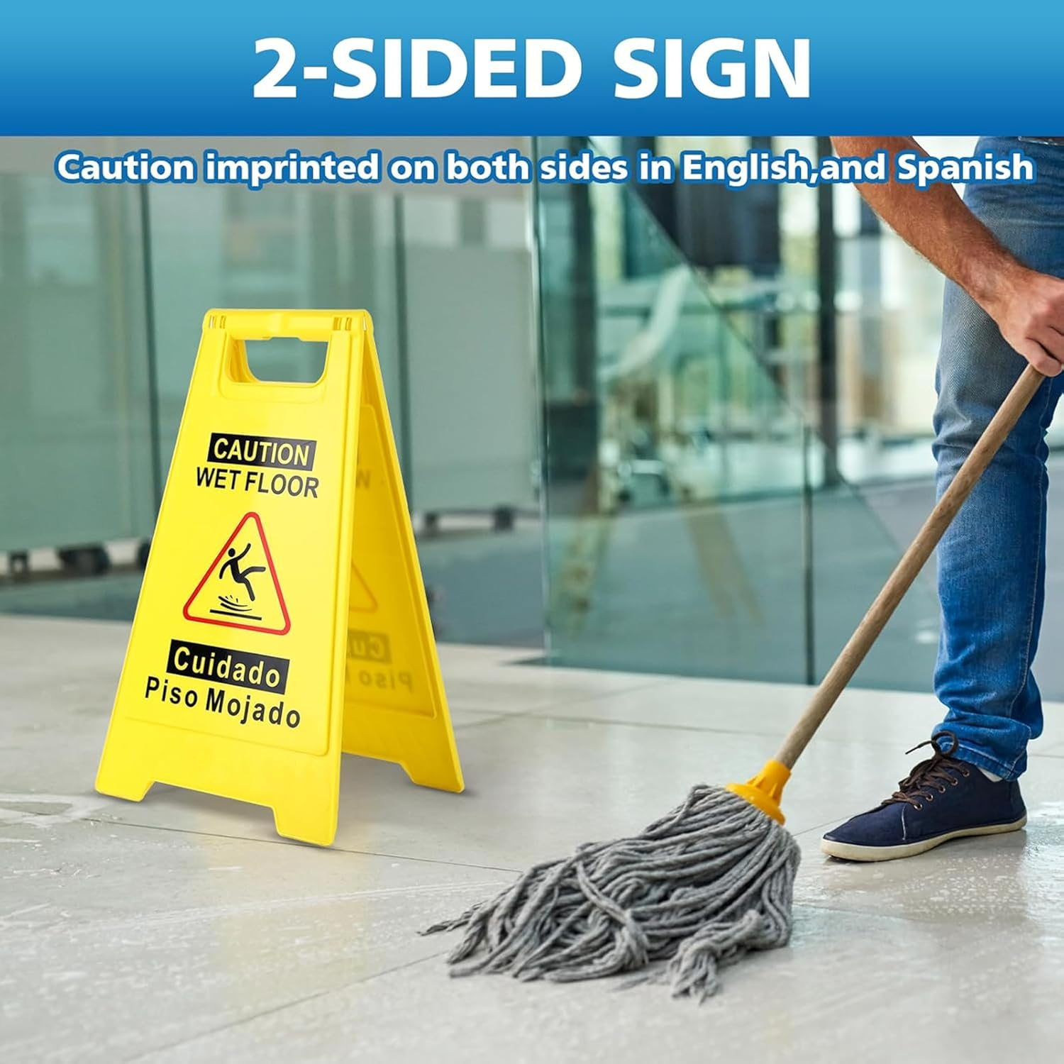 Professional Caution Wet Floor Sign, 4-Pack, Double-Sided A-Frame, Yellow, 17.5 Inch Height, Bilingual Warning Message image number 2