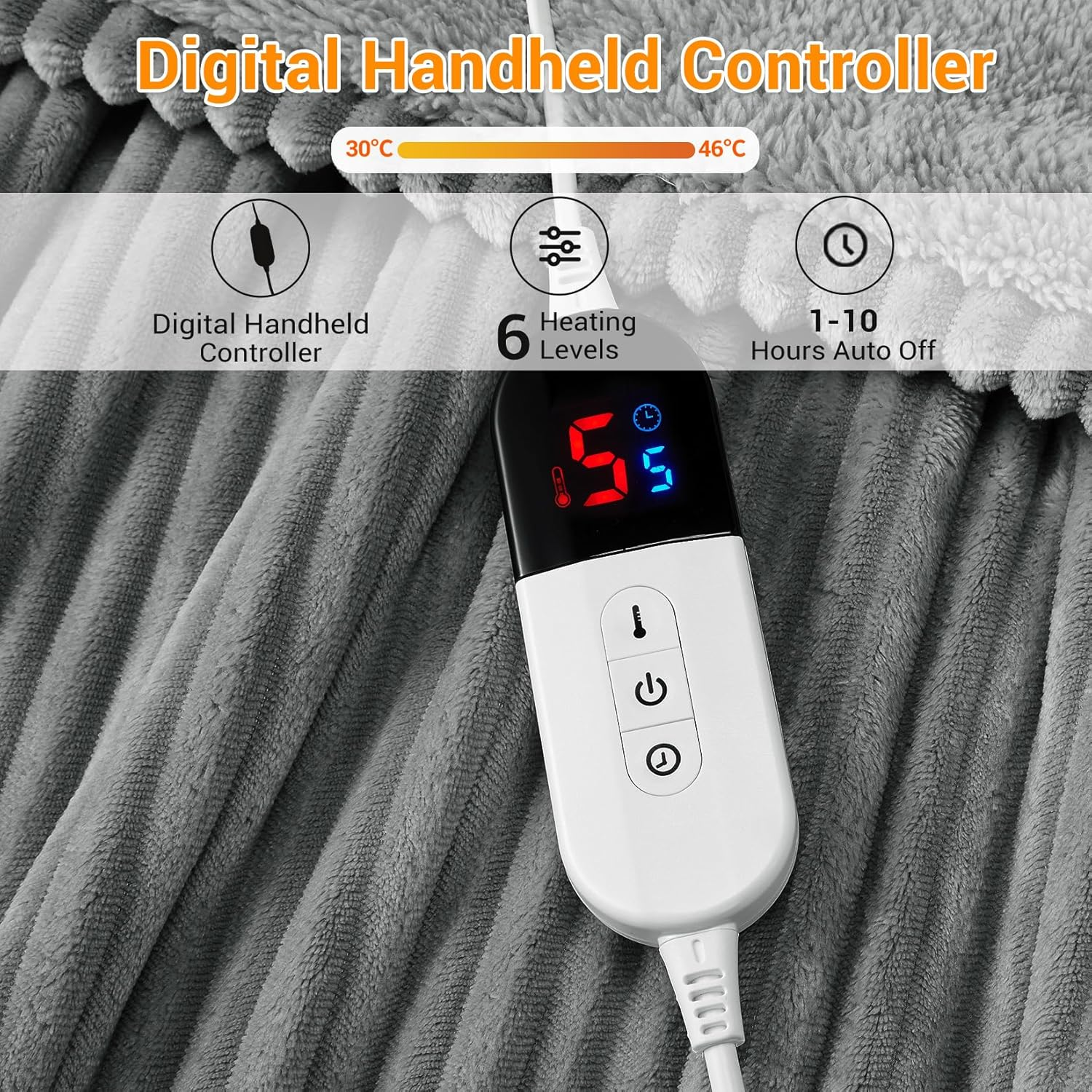 Electric Heated Throw Blanket 160X130Cm, Thick Washable Ribbed Flannel Heating Blanket with 6 Heat Levels, 10 Timer Settings & SAA Certified, Electric Blanket for Bed, Couch & Sofa, Grey