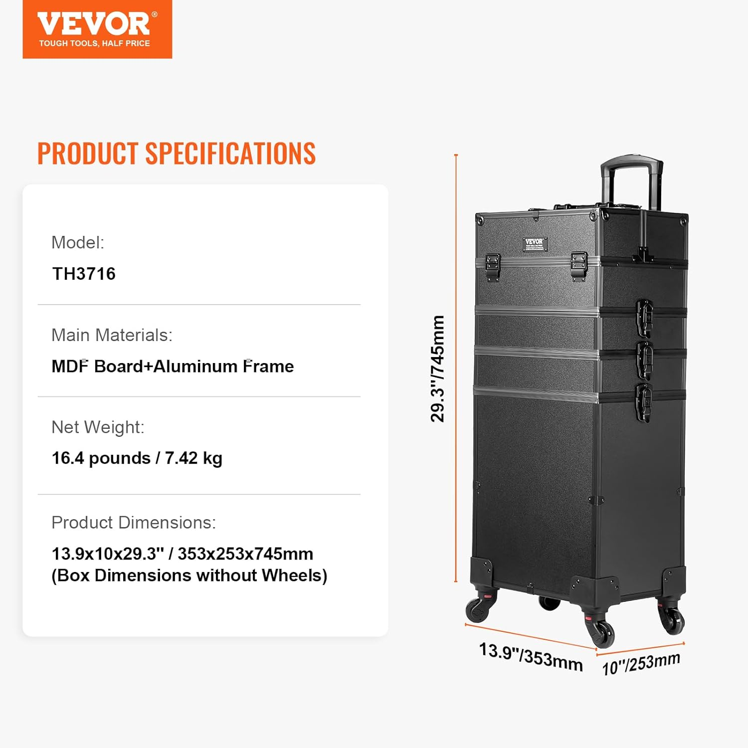 VEVOR Makeup Train Case Professional Makeup Storage Organizer Box Make up Carrier for Women and Girls image number 3