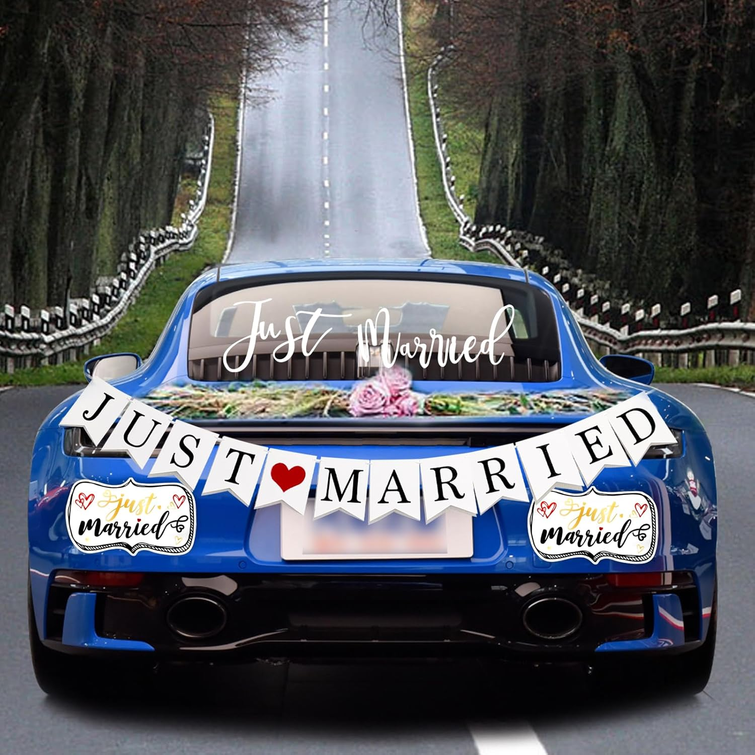 4 Pcs Just Married Wedding Car Decorations - Include Just Married Ornate Car Magnets 12X7, Just Married Car Wedding Day Car Window Decals 22.4X5, Just Married Sign Banner Car for Honeymoon Wedding image number 6