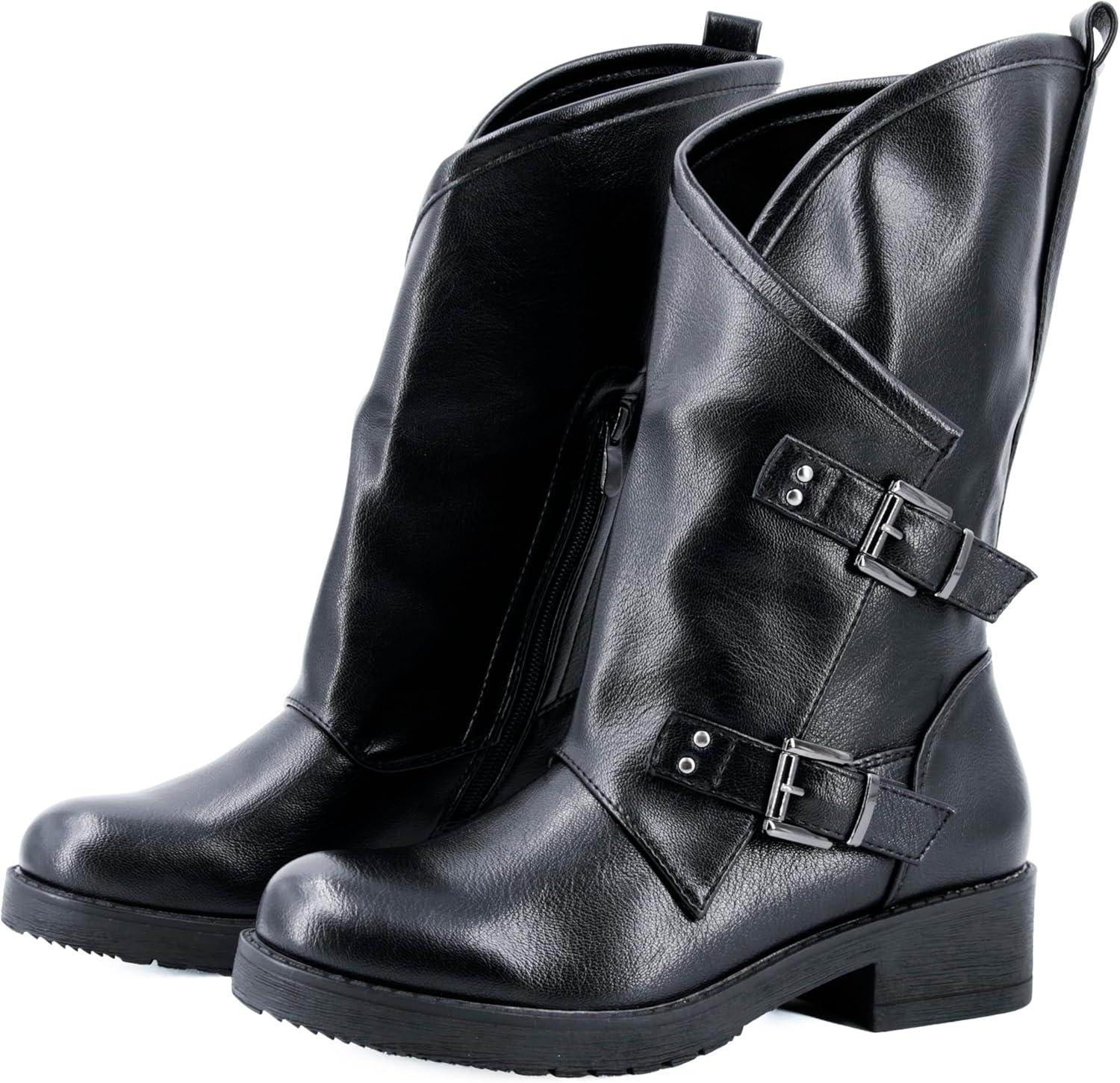 JOMIX Women'S Biker Fashion Side Buckle Ankle Boots Faux Leather Zipper Casual Chic image number 4