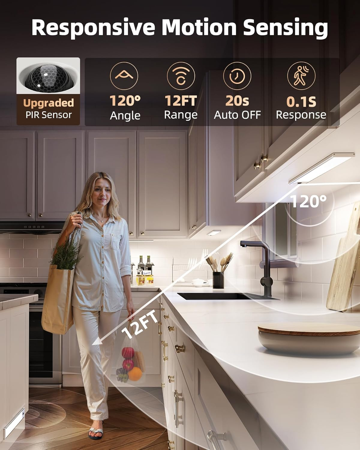 EZVALO 8'' Motion Sensor Light Indoor, 2300Amh Rechargeable under Cabinet Lighting Wireless, 3 Led Color Temps, Dimmable, under Counter Lights for Kitchen, Closet, Shelf, Pantry, Hallway, 4 Pack image number 4