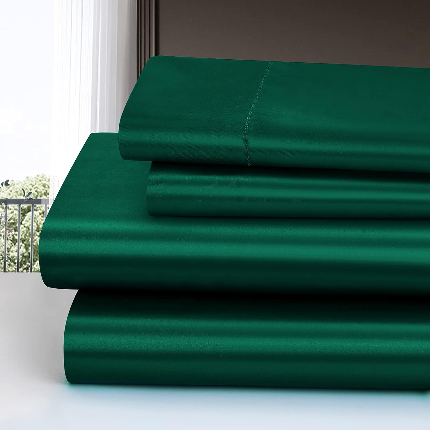 Homiest 4Pcs Satin Sheets Set Luxury Silky Satin Bedding Set with Deep Pocket, 1 Fitted Sheet + 1 Flat Sheet + 2 Pillowcases (Queen Size, Blackish Green) image number 5
