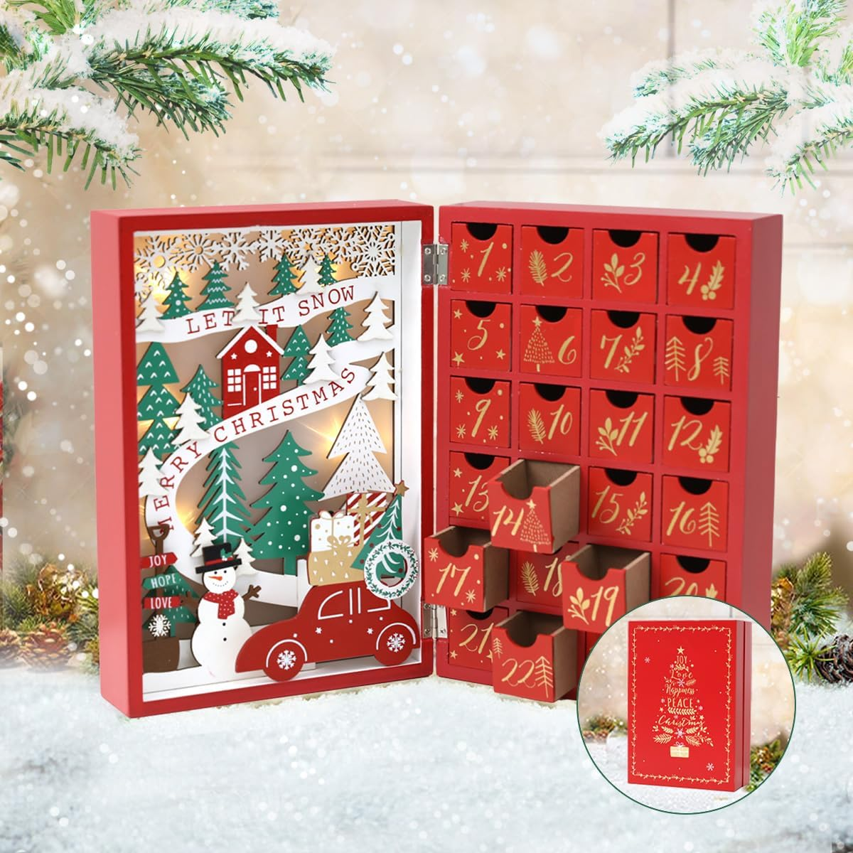 PE Christmas Wooden Advent Calendar Book with Drawers and LED, Reusable Countdown to Christmas Advent Calendar with Village Forest Snowman Scene Perfect Gift (Red) image number 1