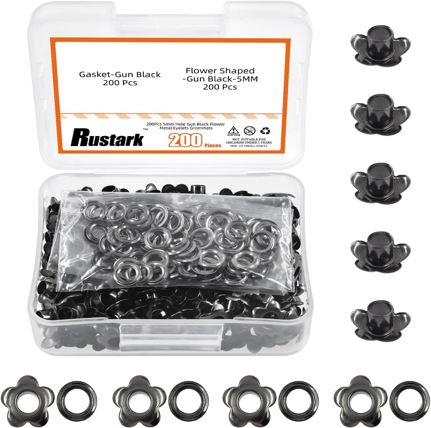 Rustark 200Pcs 5Mm Black Flower Eyelet Grommets Assortment Kit Floral Metal Eyelets Grommets Flower Shaped Craft Eyelets Findings for Shoes Clothes Leather DIY Craft