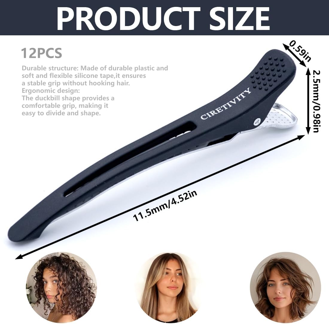 XUKZIMA 12 Hair Clips No Trace Hair Clips with Silicone Band Hair Clips for Styling and Cutting, Section Clips Hairdresser (Black)