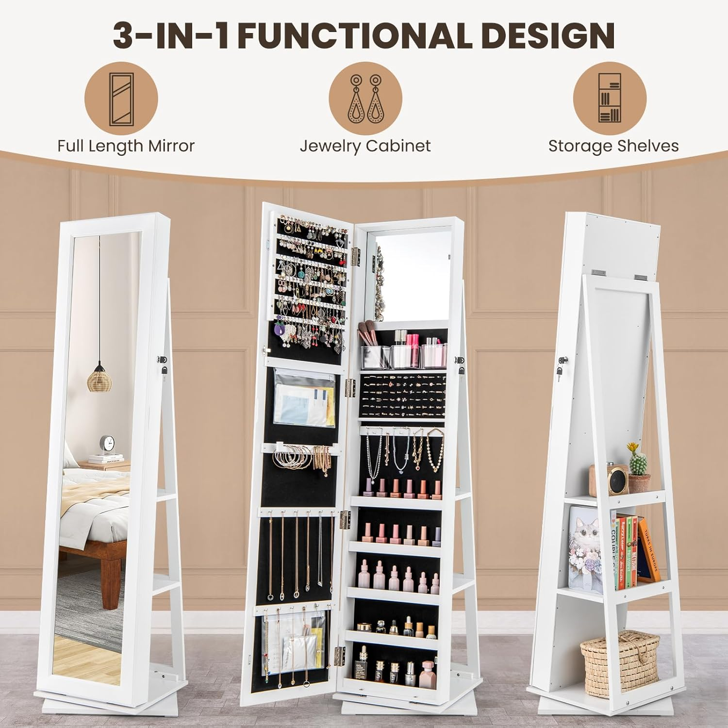 Giantex 360&deg; Swivel Jewelry Armoire, Standing Jewelry Organizer with Full Length Mirror & Back Shelves, Built-In Makeup Mirror for Bedroom, Cloakroom (White) image number 4
