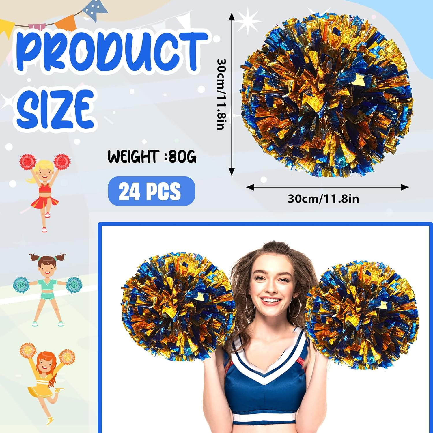 24 Pcs Metallic Foil Cheerleading Pom Poms with Plastic Finger Holes Cheerleader Pom Poms 80G Cheer Pom Poms for Dance, Matches, Team Sports, Stage Performance, Carnival Celebration (Blue/Gold) image number 4