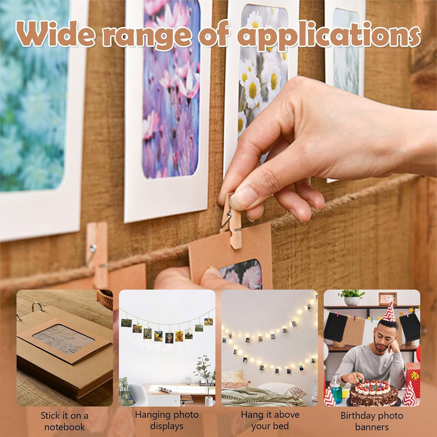 30 PCS Paper Picture Frames Holds 4 X 6 Inch Photos Cardboard Picture Frame with Wood Clips and Jute Twine for Home, Office,School Wall Decor Hanging Display (3 Colors) image number 2