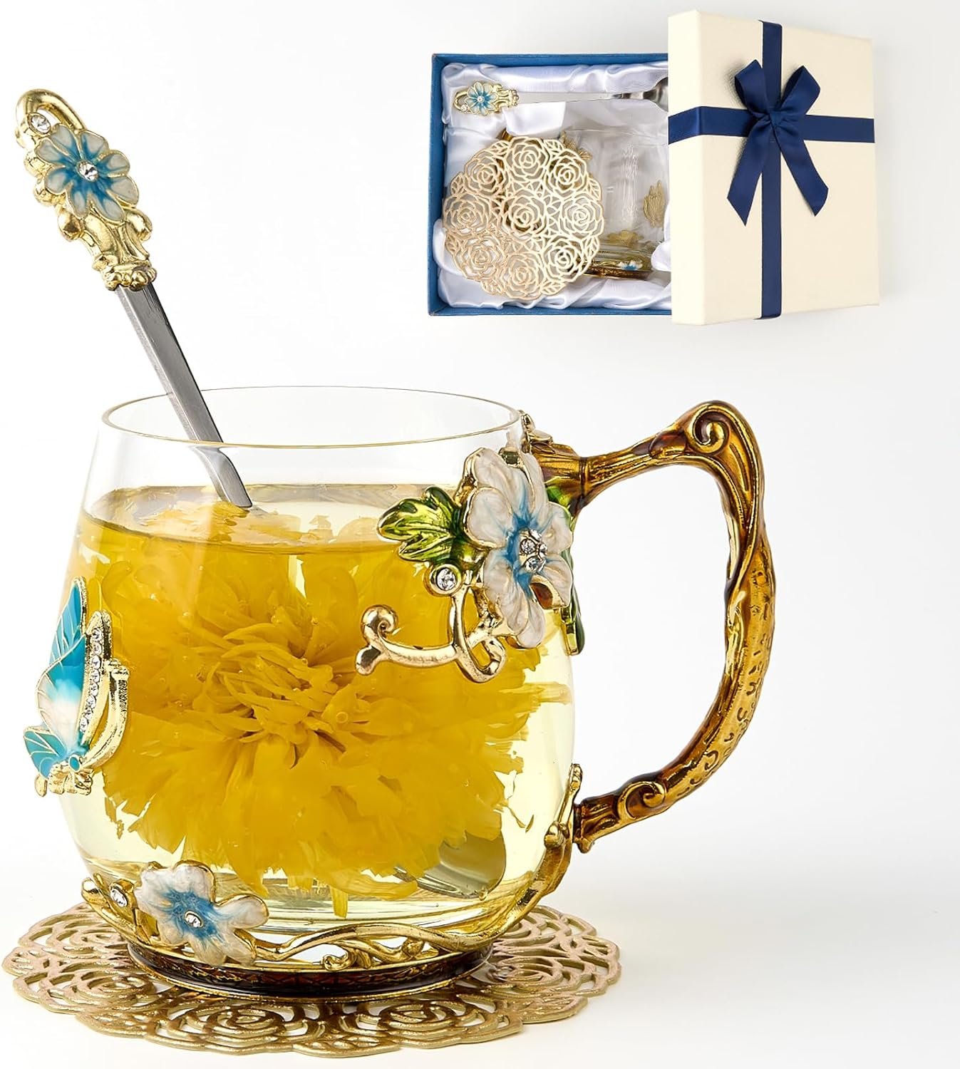 Flower Tea Cup,Butterfly Daisy Glass Fancy Coffee Mug with Spoon,Gift Box for Her Mom Wife Grandma Girls Friends Valentines Christmas Birthday Present Idea for Juice,Hot/Cold Drinks Use (Red Rose) - Blue Rose image number 6